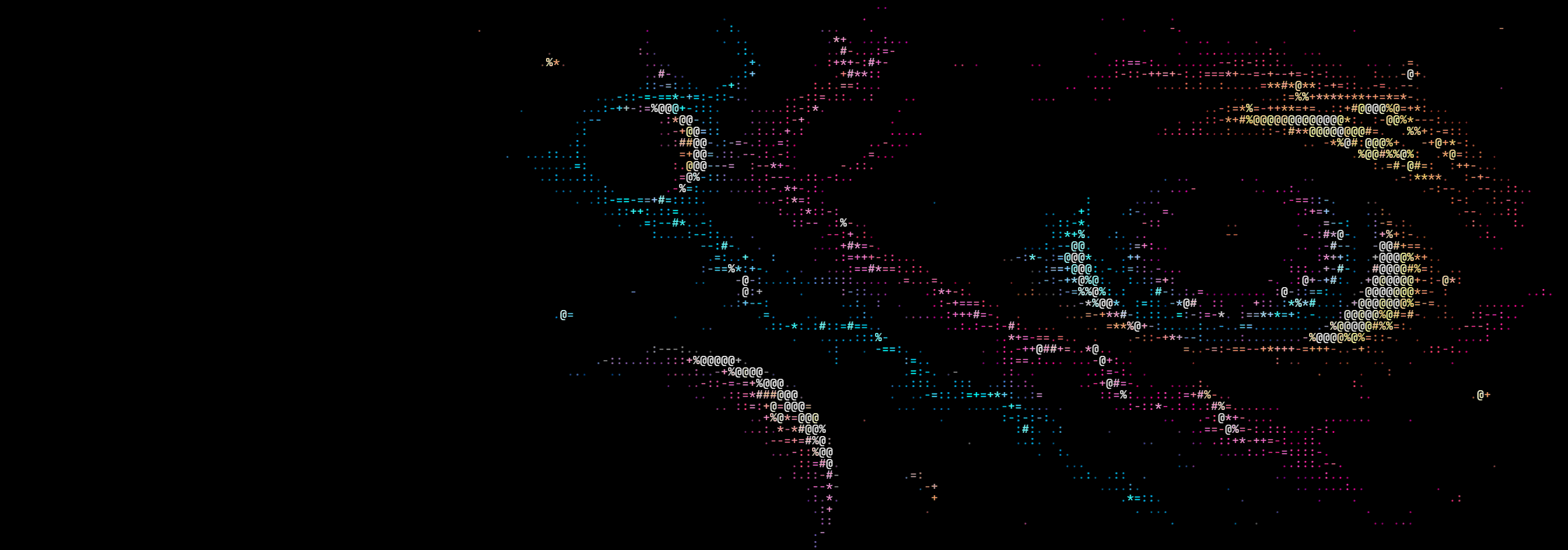 Cyan, magenta and gold ASCII waves on black